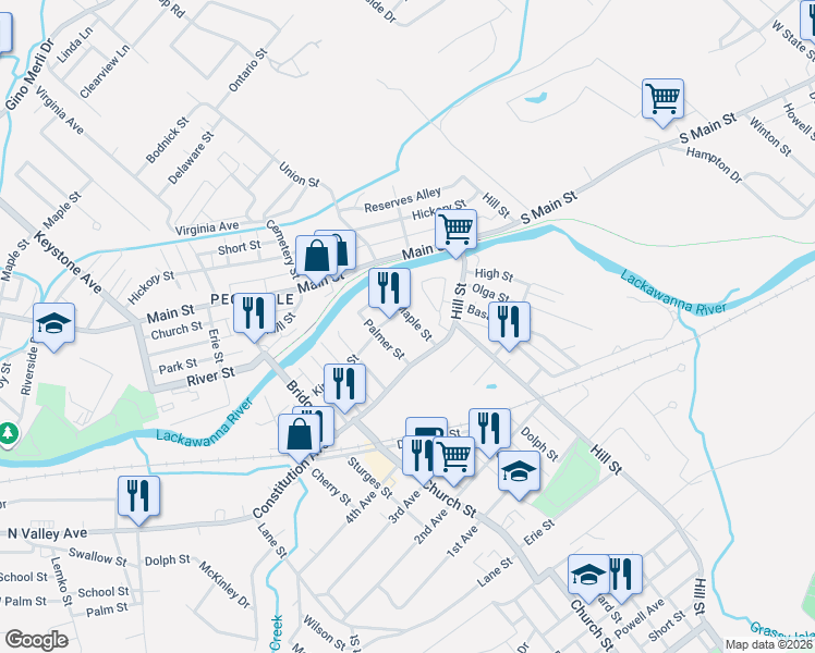 map of restaurants, bars, coffee shops, grocery stores, and more near 124 Maple Street in Jessup
