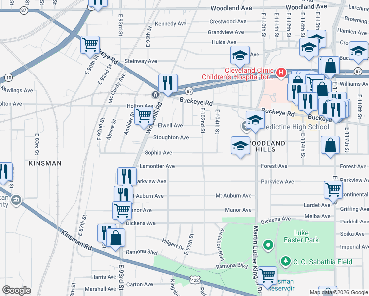 map of restaurants, bars, coffee shops, grocery stores, and more near 9820 Stoughton Avenue in Cleveland