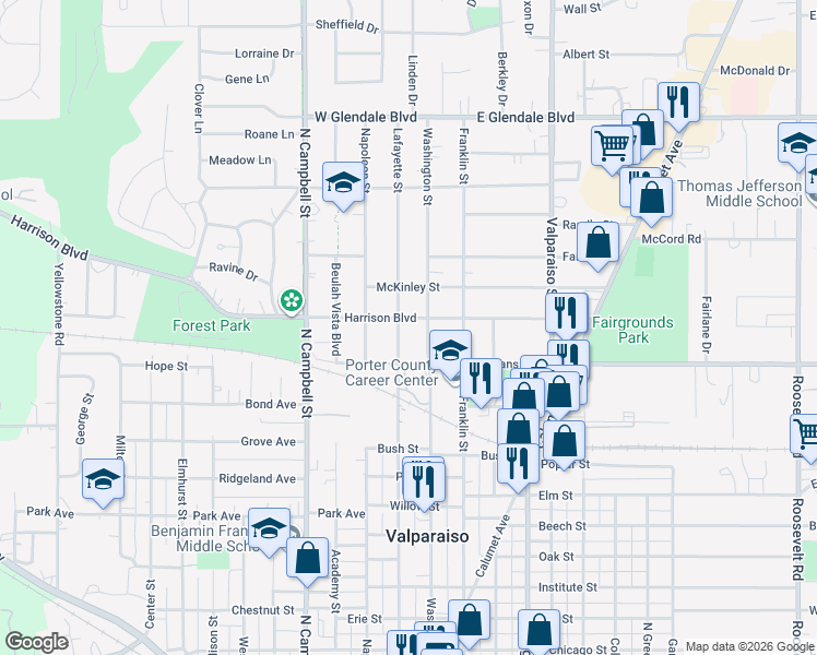 map of restaurants, bars, coffee shops, grocery stores, and more near 53 Harrison Boulevard in Valparaiso