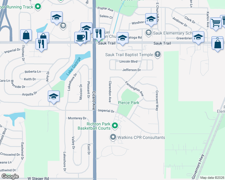 map of restaurants, bars, coffee shops, grocery stores, and more near 22551 Clarendon Avenue in Richton Park