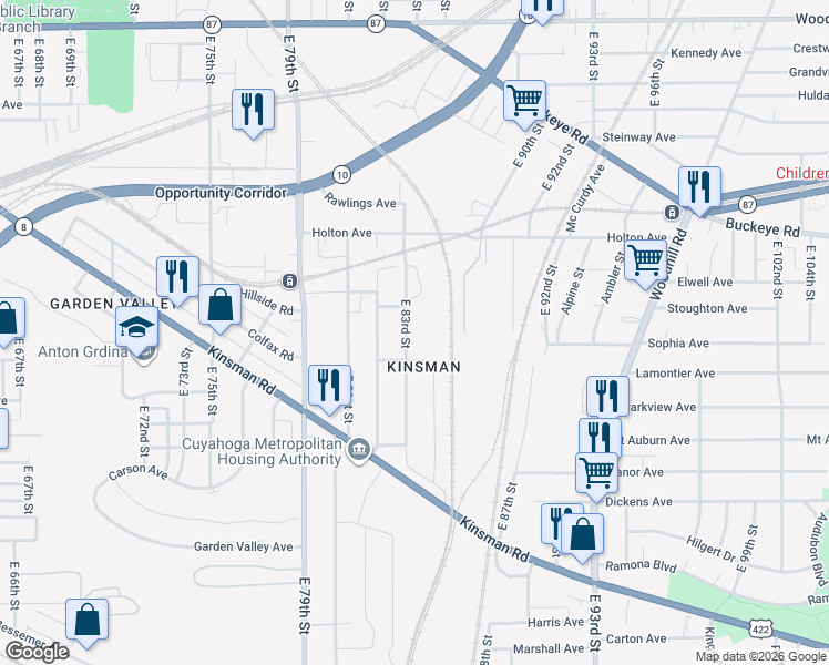 map of restaurants, bars, coffee shops, grocery stores, and more near 2925 East 83rd Street in Cleveland