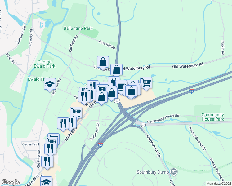 map of restaurants, bars, coffee shops, grocery stores, and more near 100 Main Street North in Southbury