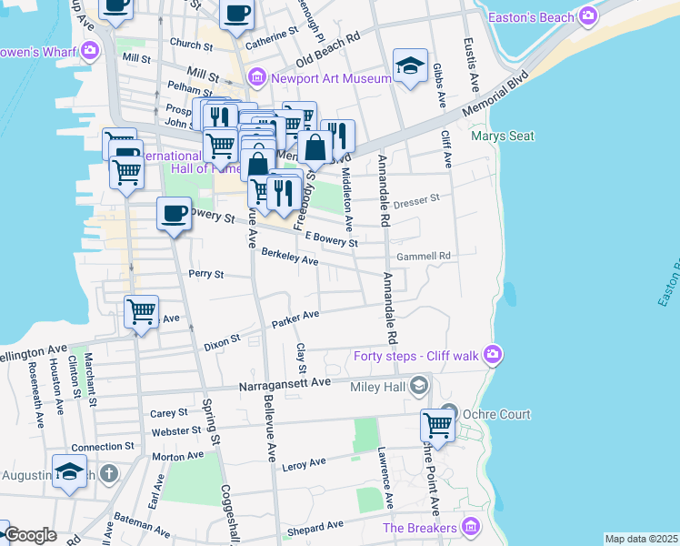 map of restaurants, bars, coffee shops, grocery stores, and more near 39 Berkeley Avenue in Newport