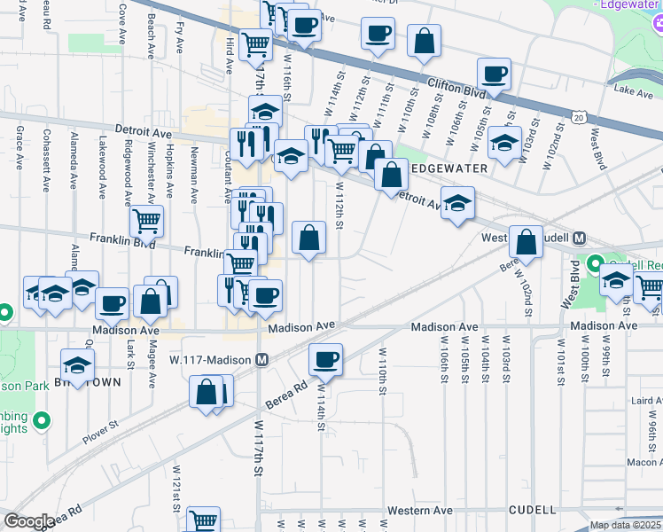 map of restaurants, bars, coffee shops, grocery stores, and more near 11201 Franklin Blvd in Cleveland