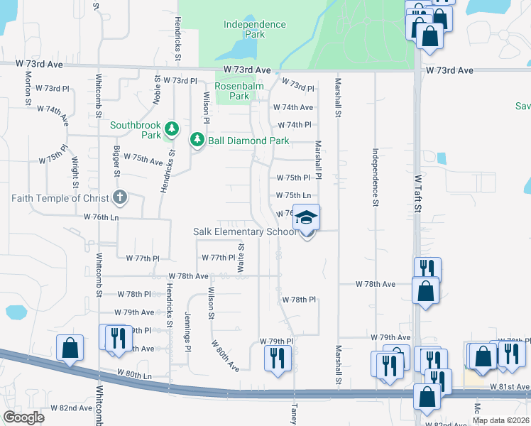 map of restaurants, bars, coffee shops, grocery stores, and more near 2966 West 76th Lane in Merrillville