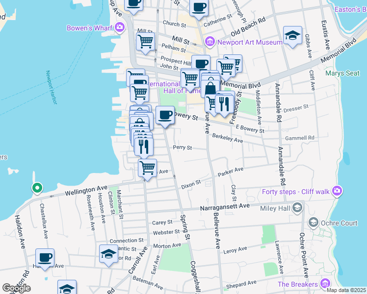 map of restaurants, bars, coffee shops, grocery stores, and more near Perry Street in Newport