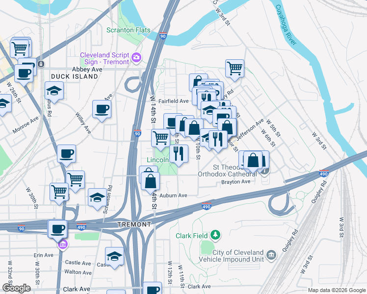 map of restaurants, bars, coffee shops, grocery stores, and more near 1023 Kenilworth Avenue in Cleveland