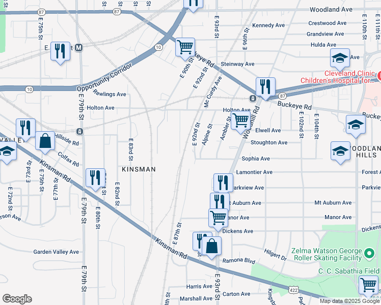 map of restaurants, bars, coffee shops, grocery stores, and more near 2914 East 92nd Street in Cleveland