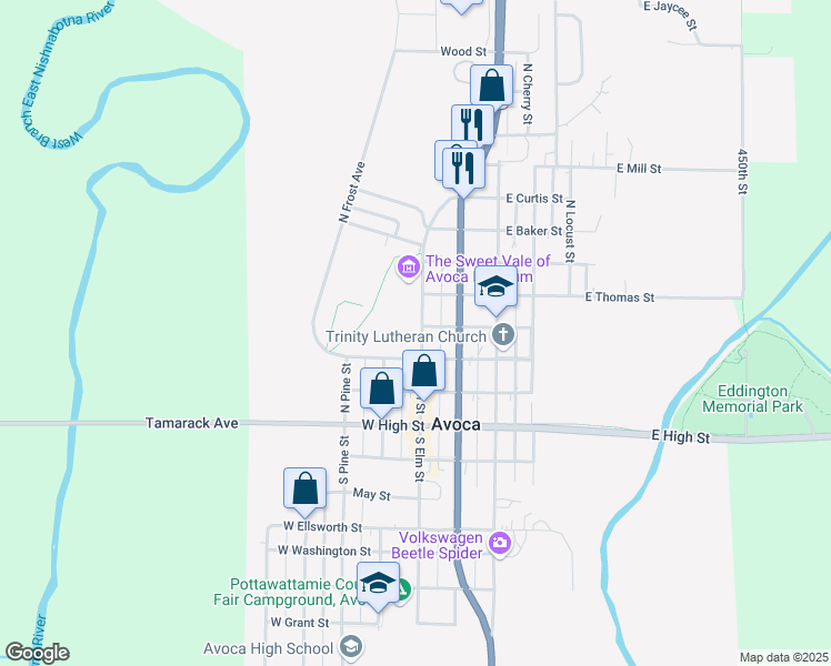 map of restaurants, bars, coffee shops, grocery stores, and more near 312 North Elm Street in Avoca