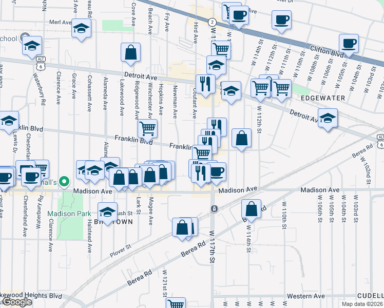 map of restaurants, bars, coffee shops, grocery stores, and more near 11815 Franklin Boulevard in Lakewood