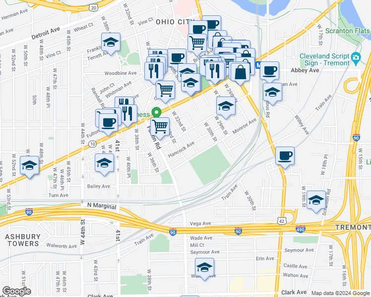 map of restaurants, bars, coffee shops, grocery stores, and more near 3215 Hancock Avenue in Cleveland