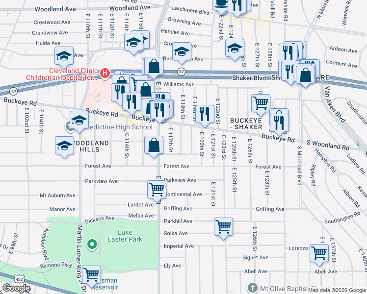 map of restaurants, bars, coffee shops, grocery stores, and more near 2923 East 118th Street in Cleveland