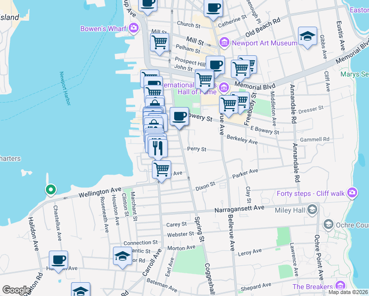 map of restaurants, bars, coffee shops, grocery stores, and more near 35 West Street in Newport