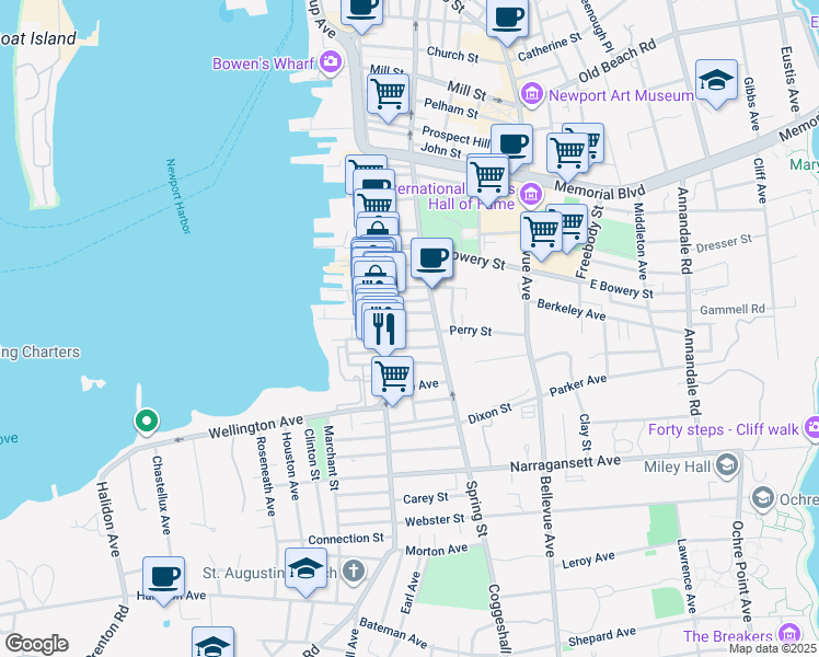 map of restaurants, bars, coffee shops, grocery stores, and more near 33 South Baptist Street in Newport