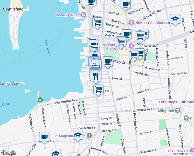 map of restaurants, bars, coffee shops, grocery stores, and more near 501 Thames Street in Newport