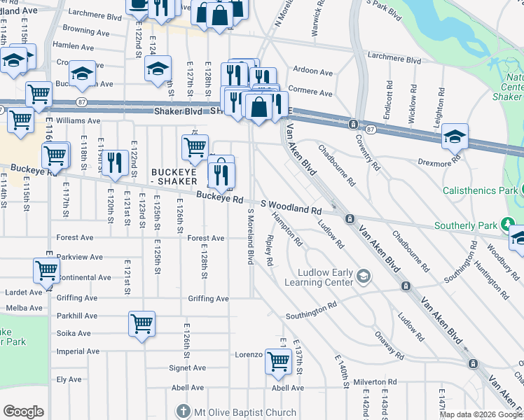 map of restaurants, bars, coffee shops, grocery stores, and more near 2910 Hampton Road in Cleveland