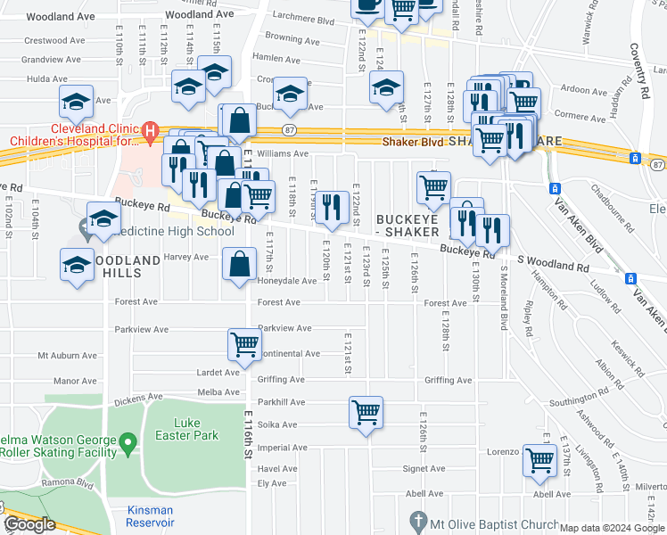 map of restaurants, bars, coffee shops, grocery stores, and more near 2914 East 121st Street in Cleveland