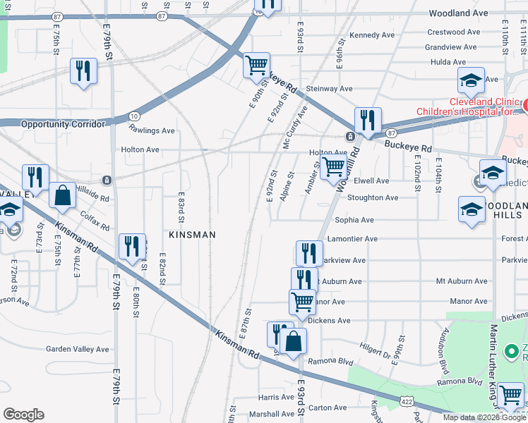 map of restaurants, bars, coffee shops, grocery stores, and more near 2914 East 92nd Street in Cleveland