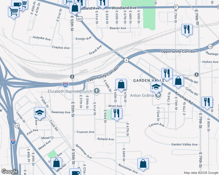 map of restaurants, bars, coffee shops, grocery stores, and more near 6305 Carpenter Avenue in Cleveland