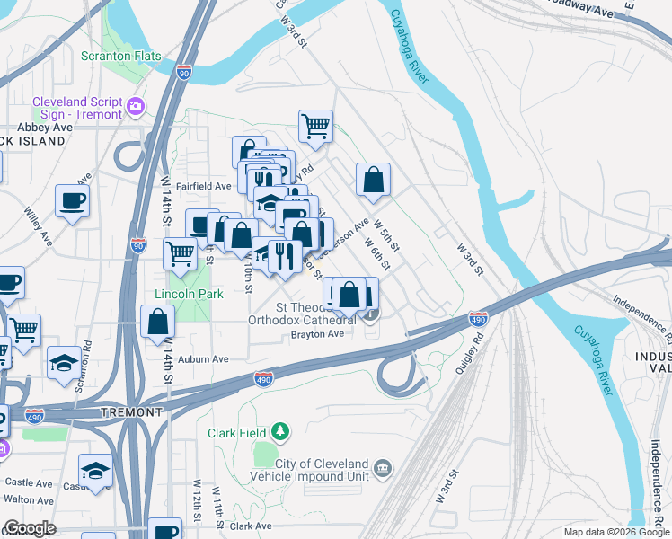 map of restaurants, bars, coffee shops, grocery stores, and more near 815 Jefferson Avenue in Cleveland