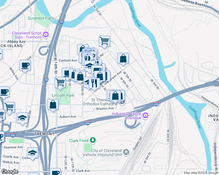 map of restaurants, bars, coffee shops, grocery stores, and more near 815 Jefferson Avenue in Cleveland