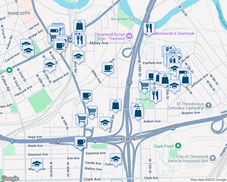 map of restaurants, bars, coffee shops, grocery stores, and more near 2401 Scranton Road in Cleveland