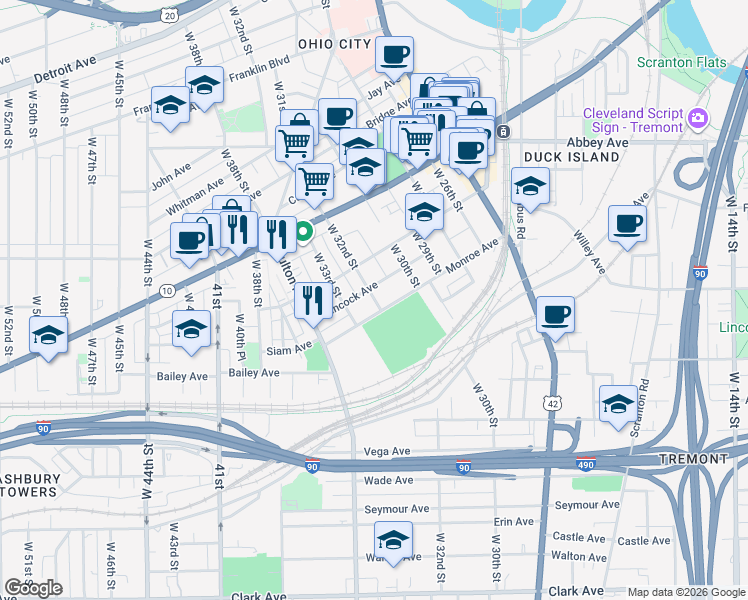 map of restaurants, bars, coffee shops, grocery stores, and more near 2217 West 32nd Street in Cleveland