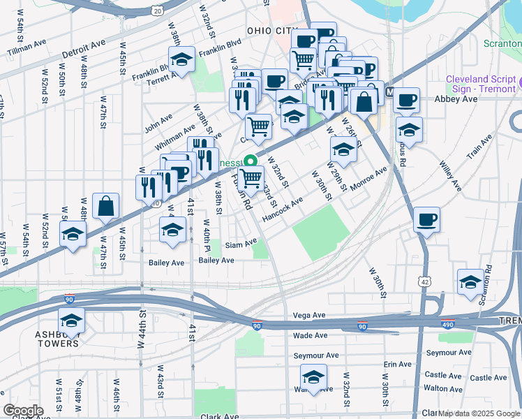 map of restaurants, bars, coffee shops, grocery stores, and more near 3405 Chatham Avenue in Cleveland