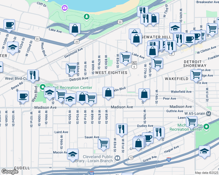 map of restaurants, bars, coffee shops, grocery stores, and more near 1446 West 84th Street in Cleveland
