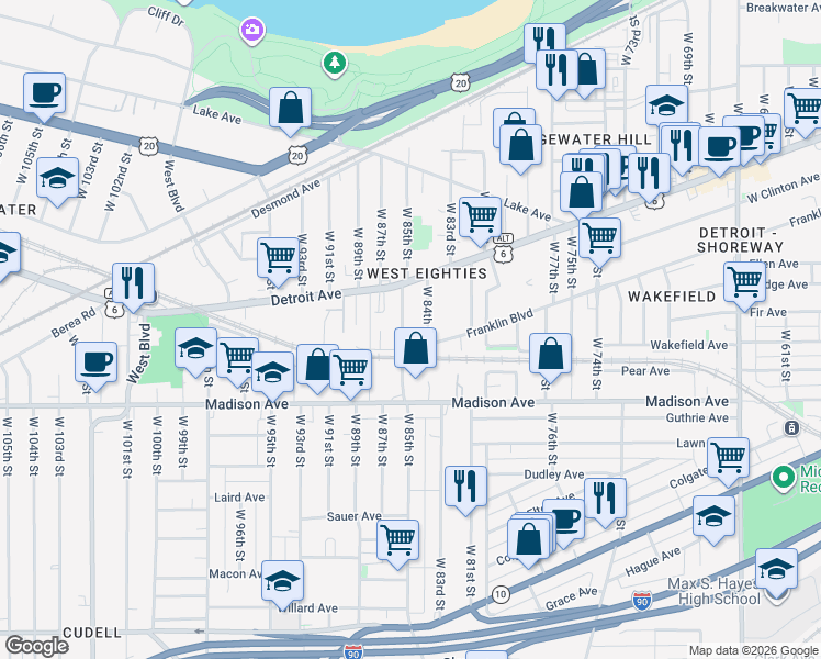 map of restaurants, bars, coffee shops, grocery stores, and more near 1446 West 84th Street in Cleveland