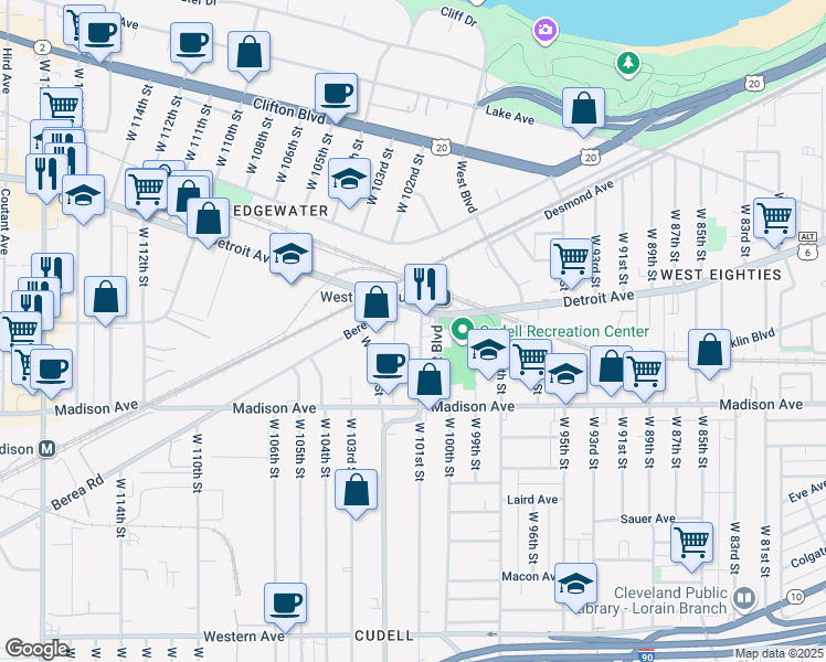 map of restaurants, bars, coffee shops, grocery stores, and more near 1414 West 101st Street in Cleveland