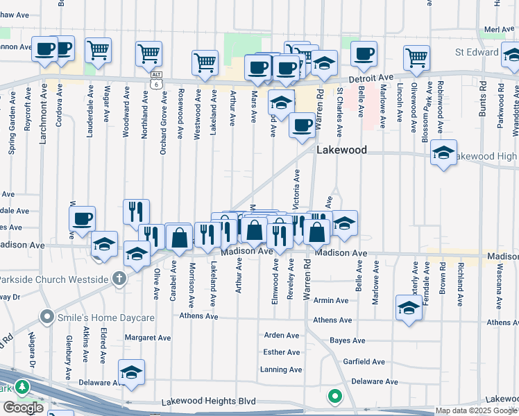 map of restaurants, bars, coffee shops, grocery stores, and more near 1596 Mars Avenue in Lakewood
