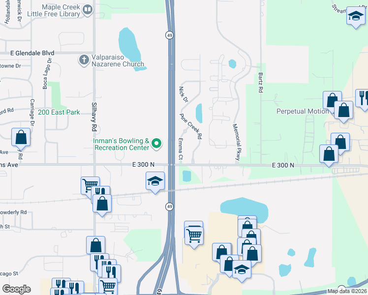 map of restaurants, bars, coffee shops, grocery stores, and more near 1202 Emma Court in Valparaiso