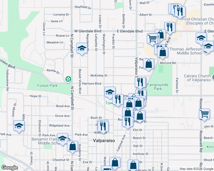 map of restaurants, bars, coffee shops, grocery stores, and more near 5 Harrison Boulevard in Valparaiso