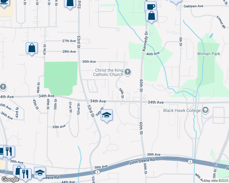 map of restaurants, bars, coffee shops, grocery stores, and more near 3223 56th Street in Moline