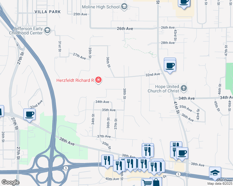 map of restaurants, bars, coffee shops, grocery stores, and more near 3614 33rd Avenue in Moline