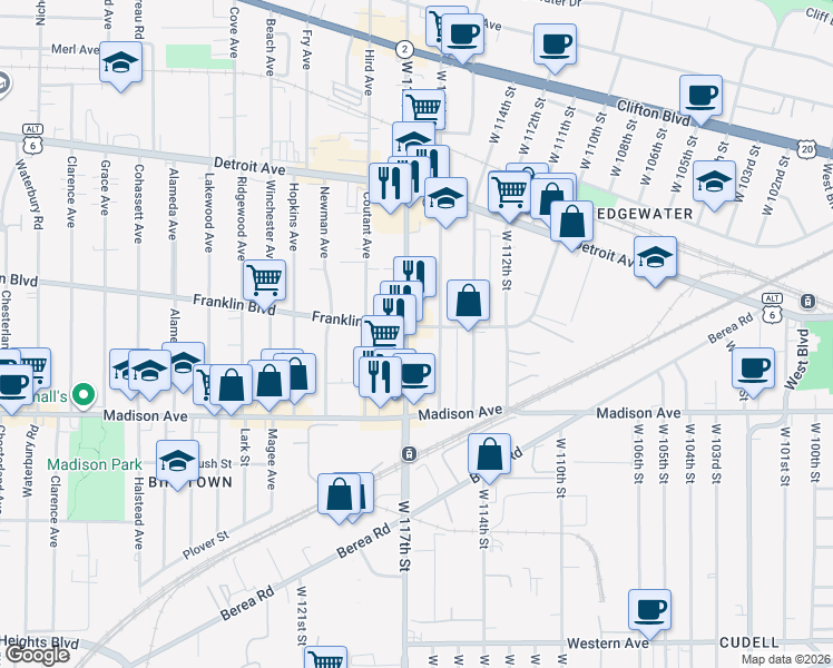 map of restaurants, bars, coffee shops, grocery stores, and more near 1549 W 117th St in Cleveland