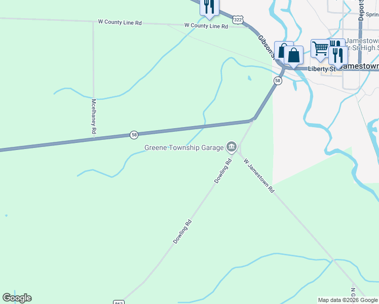 map of restaurants, bars, coffee shops, grocery stores, and more near 169 Kinsman Road in Jamestown