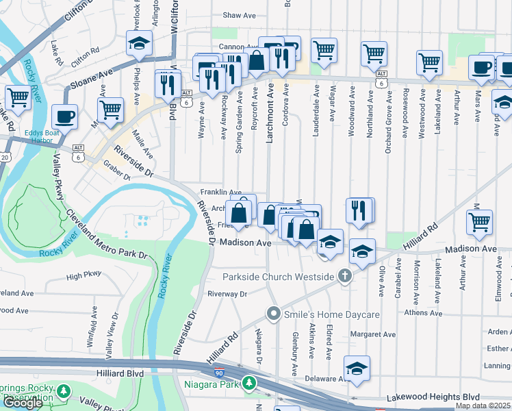 map of restaurants, bars, coffee shops, grocery stores, and more near 17316 Archdale Avenue in Lakewood