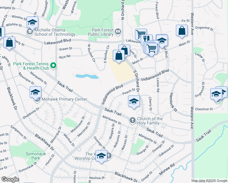 map of restaurants, bars, coffee shops, grocery stores, and more near 231 Indianwood Boulevard in Park Forest