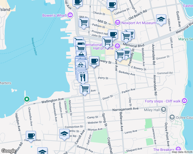 map of restaurants, bars, coffee shops, grocery stores, and more near 35 West Street in Newport