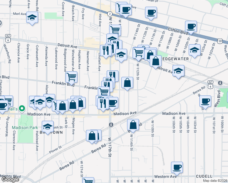 map of restaurants, bars, coffee shops, grocery stores, and more near 11617 Franklin Boulevard in Cleveland
