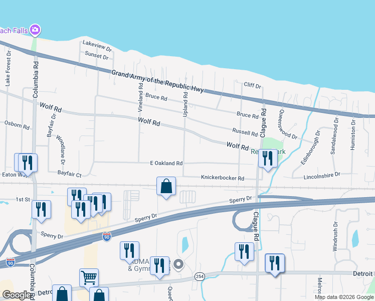 map of restaurants, bars, coffee shops, grocery stores, and more near 551 Upland Road in Bay Village