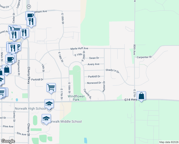map of restaurants, bars, coffee shops, grocery stores, and more near 2110 Shady Lane Drive in Norwalk