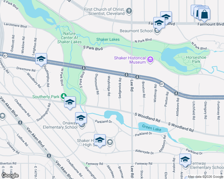 map of restaurants, bars, coffee shops, grocery stores, and more near 2876 Weybridge Road in Shaker Heights