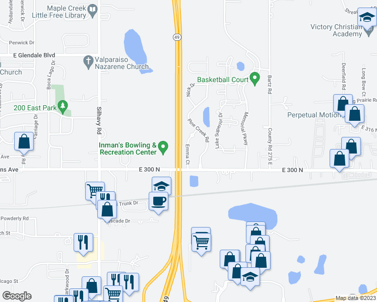 map of restaurants, bars, coffee shops, grocery stores, and more near 1202 Emma Court in Valparaiso