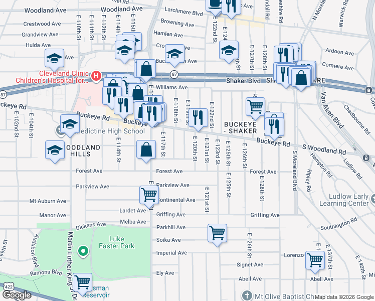 map of restaurants, bars, coffee shops, grocery stores, and more near 2915 East 119th Street in Cleveland