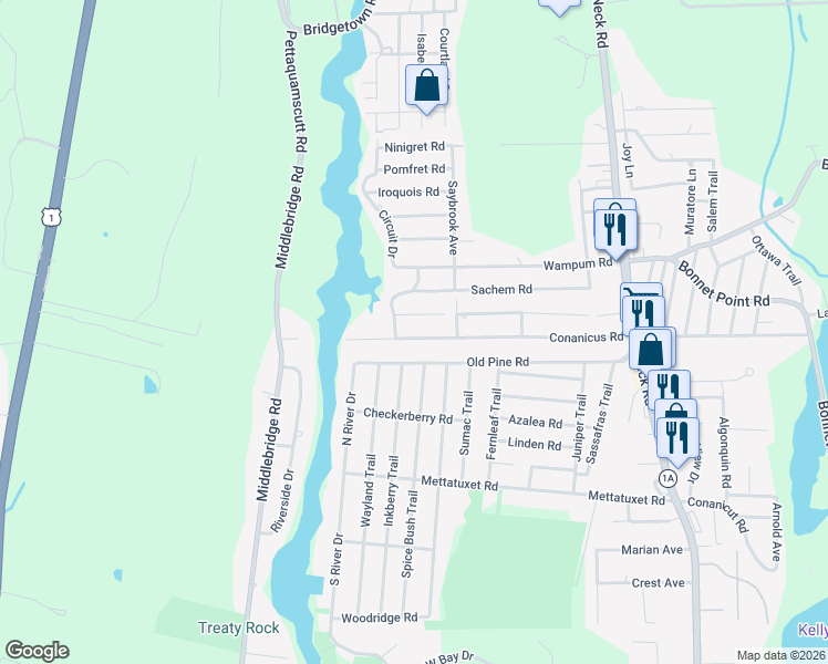 map of restaurants, bars, coffee shops, grocery stores, and more near 115 Conanicus Road in Narragansett