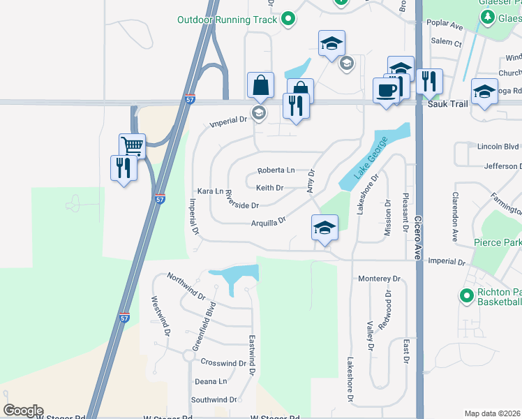 map of restaurants, bars, coffee shops, grocery stores, and more near 5203 Riverside Drive in Richton Park