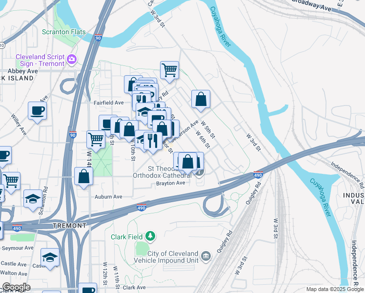 map of restaurants, bars, coffee shops, grocery stores, and more near 2464 West 7th Street in Cleveland